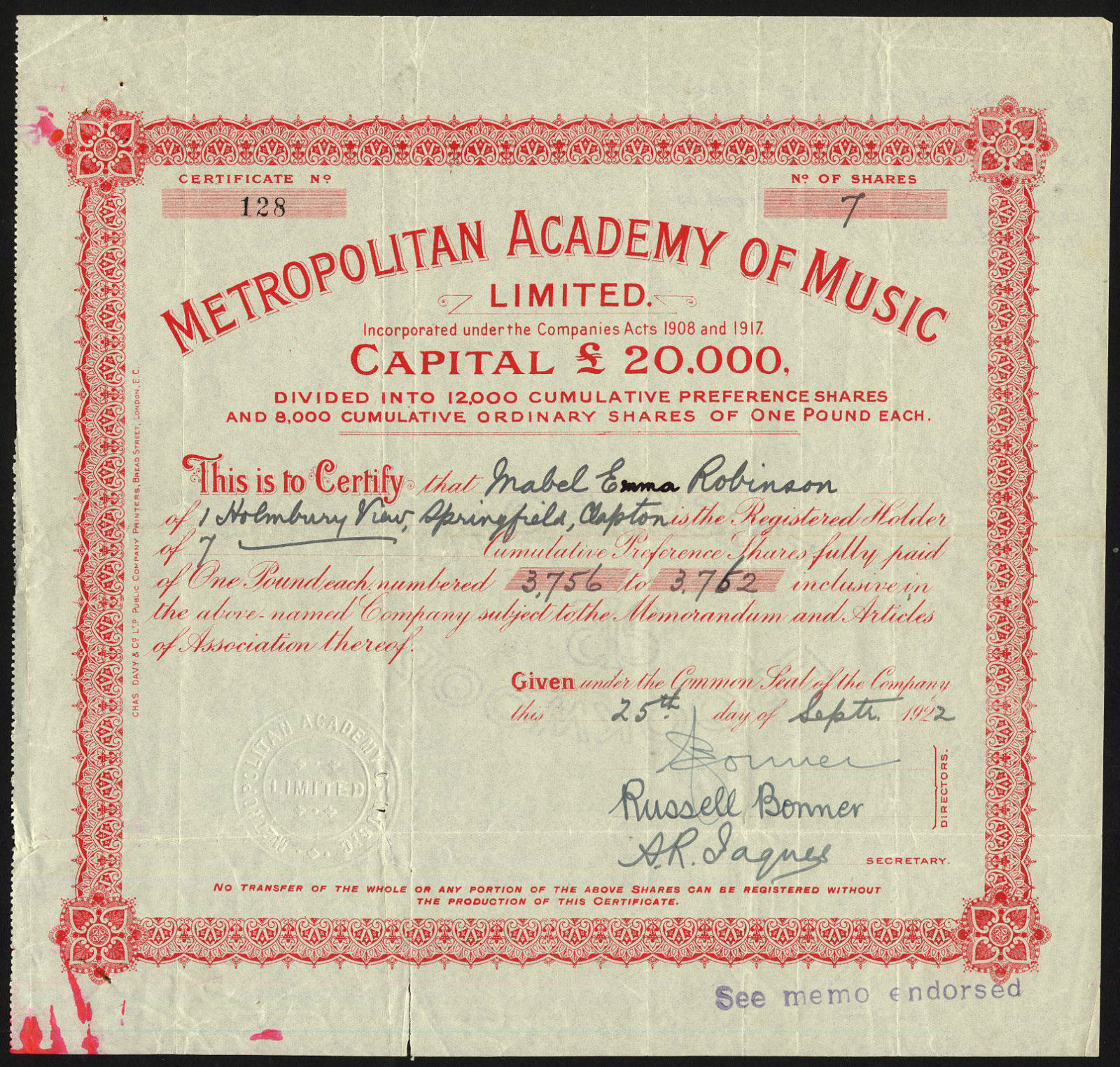 Metropolitan Academy of Music Ltd., £1 Cumulative Preference shares, 1922