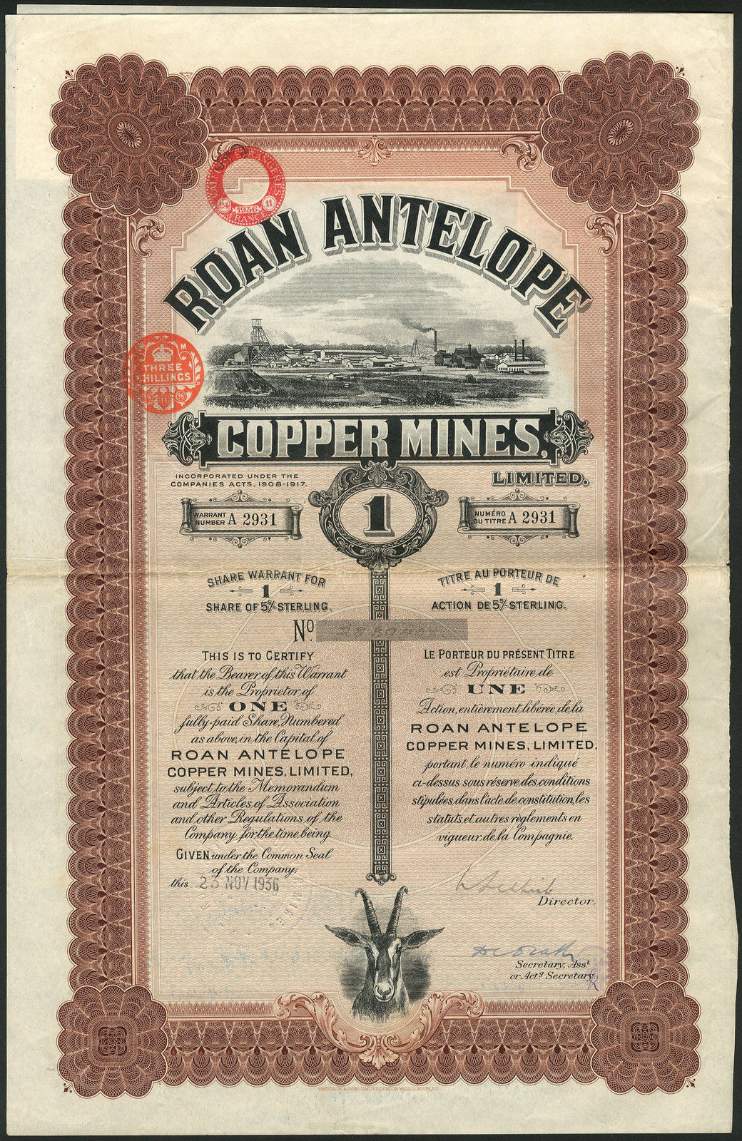 Rhodesia: Roan Antelope Copper Mines Ltd., 1 share, 1936