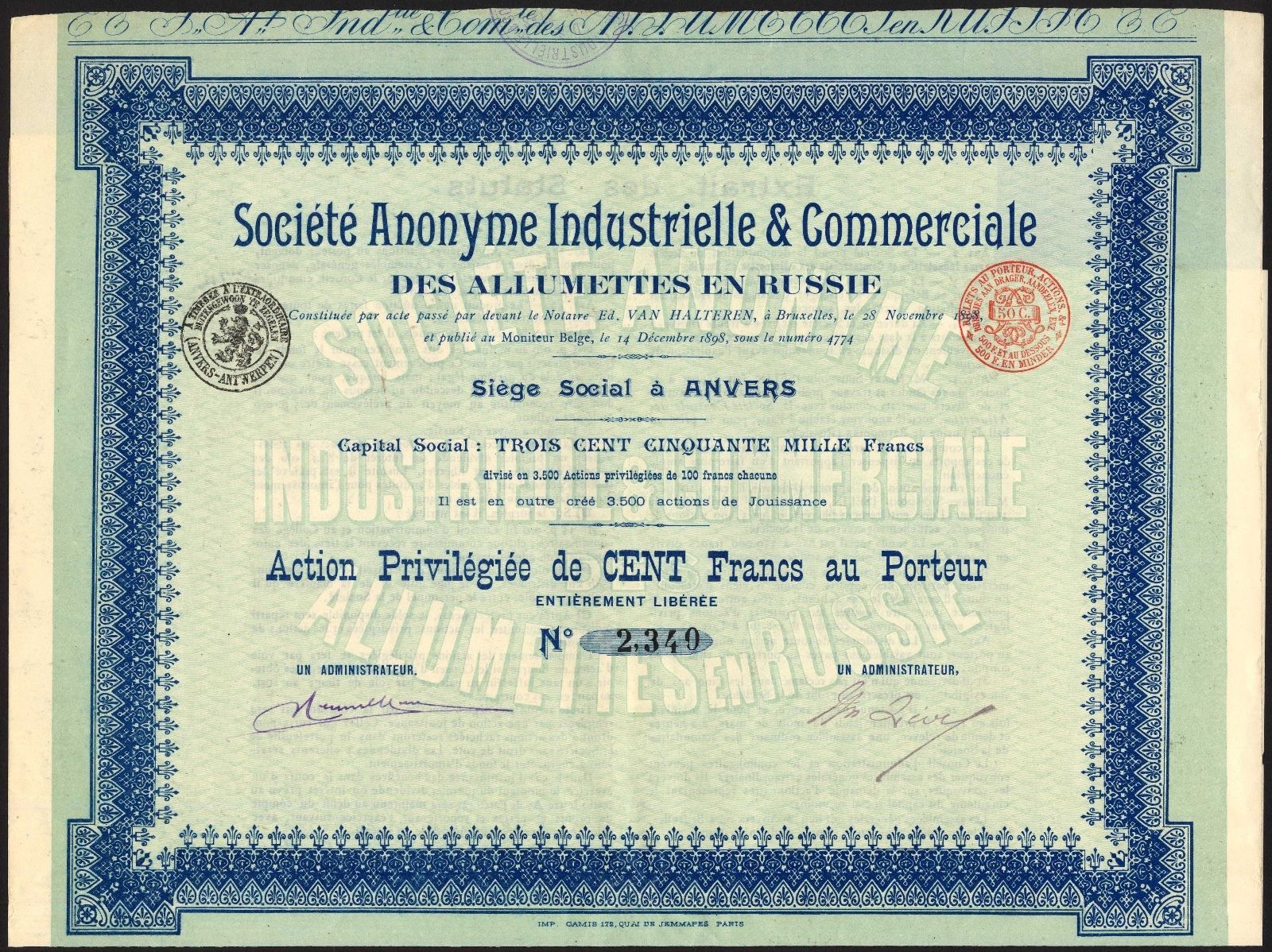 Russia: S.A. Industrielle & Commerciale des Allumettes en Russie, 100 fr. 1898