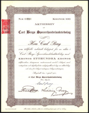 Sweden: Carl Bergs Specerihandelsaktiebolag, 100 kroner share, 1940