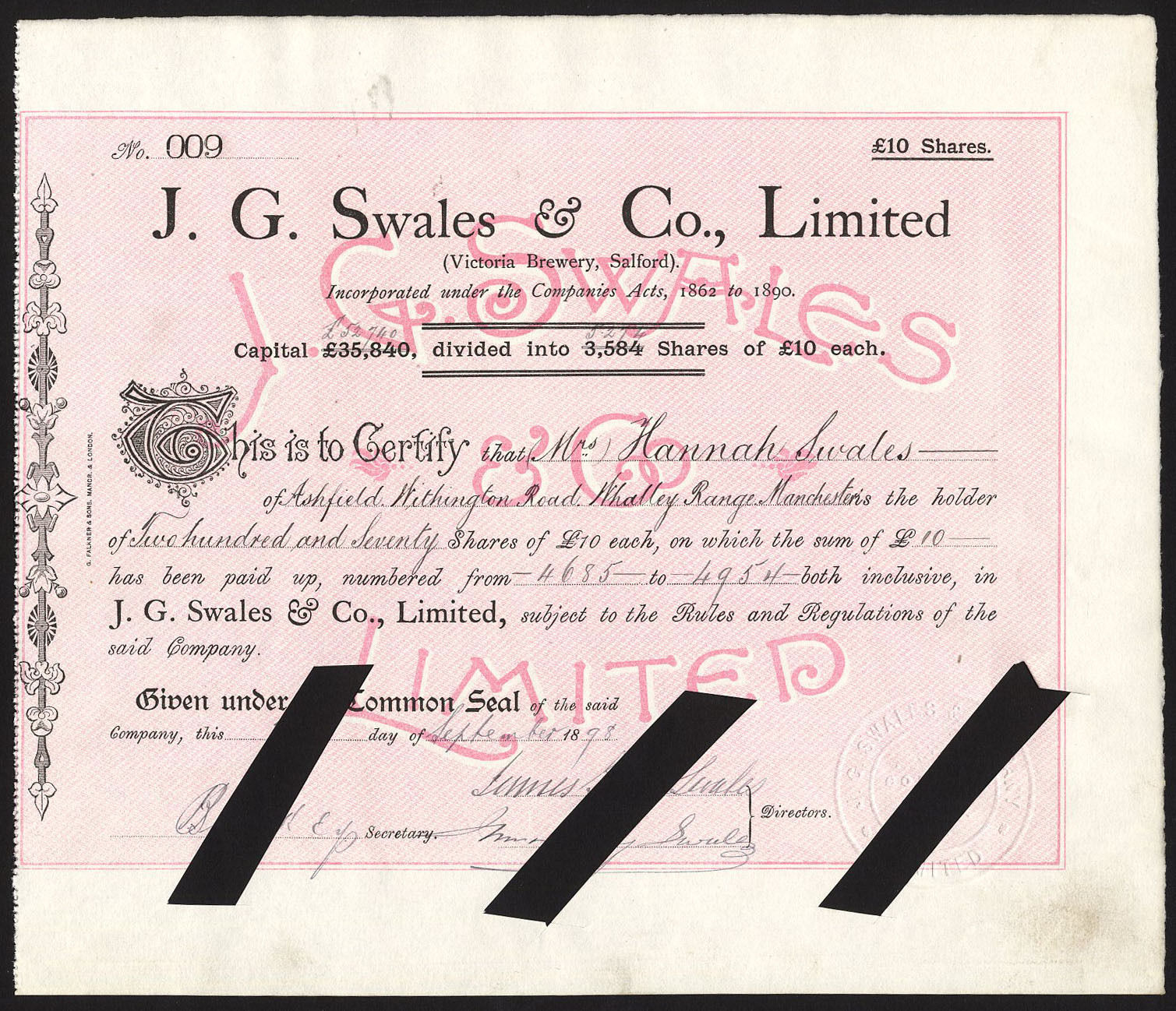 Victoria Brewery, Salford, J.G.Swales & Co. Ltd., £10 shares, 1898