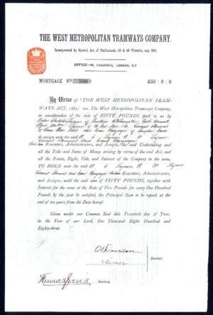 West Metropolitan Tramways Company, £50 mortgage debenture, 1883