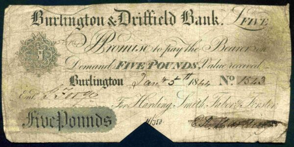 Burlington-Driffield-Bank-Five-Pounds-no-1543-Jan-5th-1844-Good-382028199013