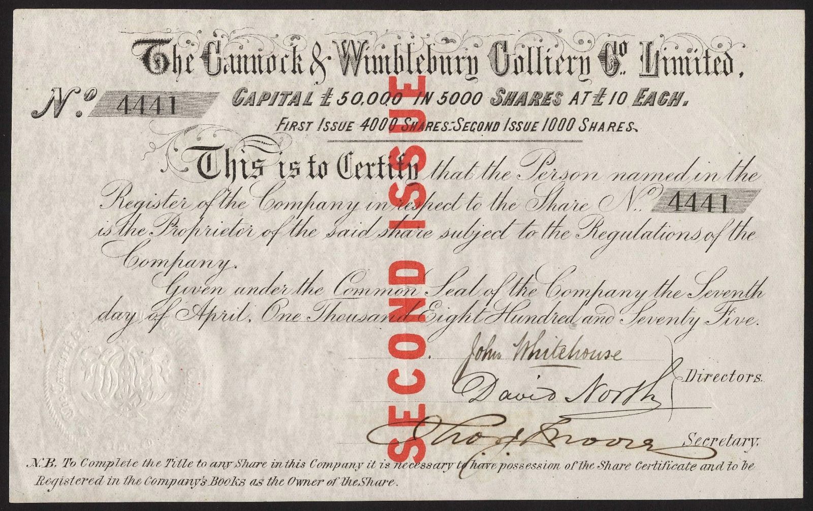 Cannock & Wimblebury Colliery Co. Ltd., £10 share, 2nd issue, 1875