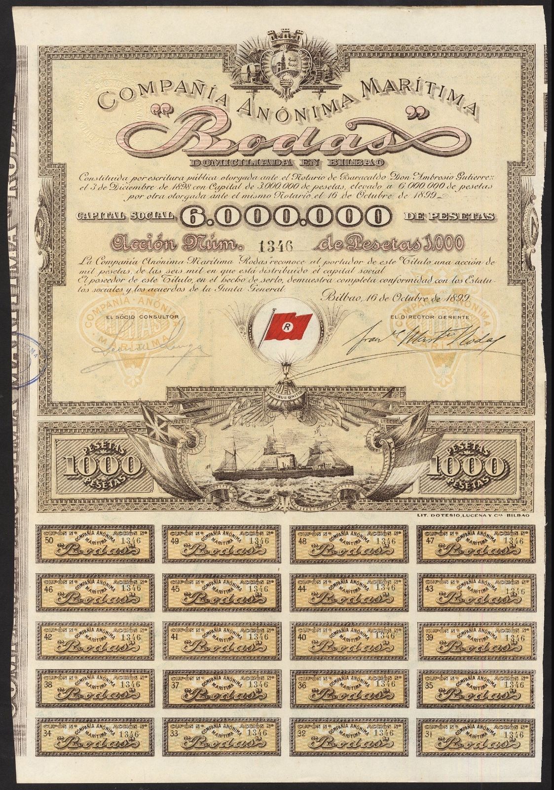 Spain, Compañia Anonima Maritima Rodas (Rodas Shipping Co.) 1000 Peseta share, Bilbao 1899,