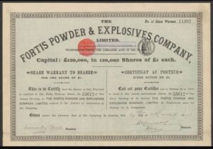 Fortis Powder & Explosives Co. Ltd., £1 shares, 1892
