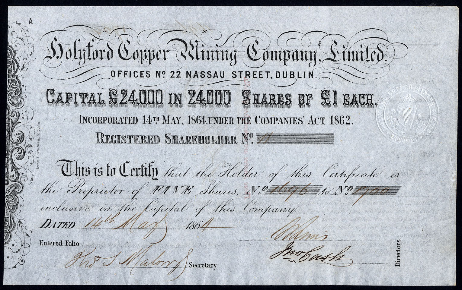 Ireland: Holyford Copper Mining Co. Ltd., 5 x £1 shares, 1864, harp in seal