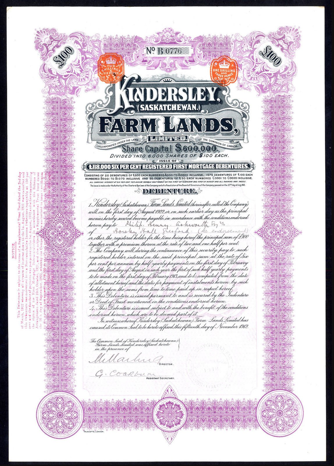 Canada, Kindersley (Saskatchewan) Farm Lands Ltd., £100 debenture, 1912