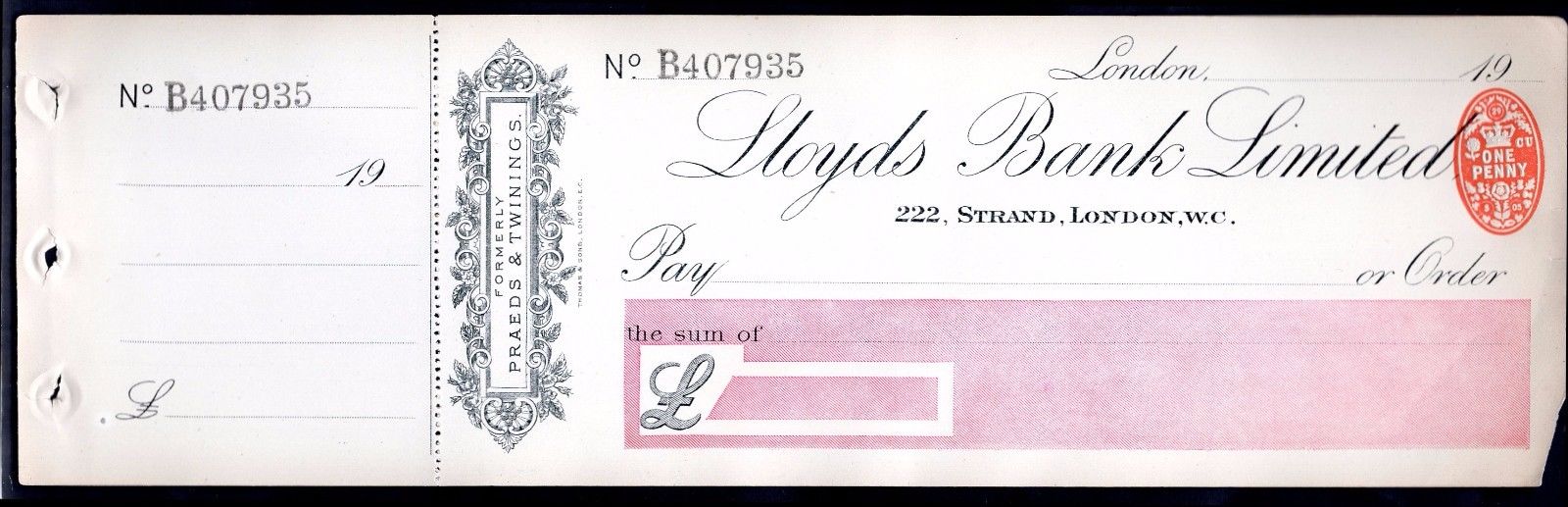 Lloyds Bank, formerly Praeds..... , 222, Strand, London. 19(05). Unused, C/foil.