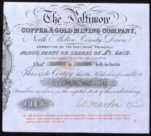 Poltimore Copper & Gold Mining Co., North Molton, Devon, 5 shares of £1, circa 1852