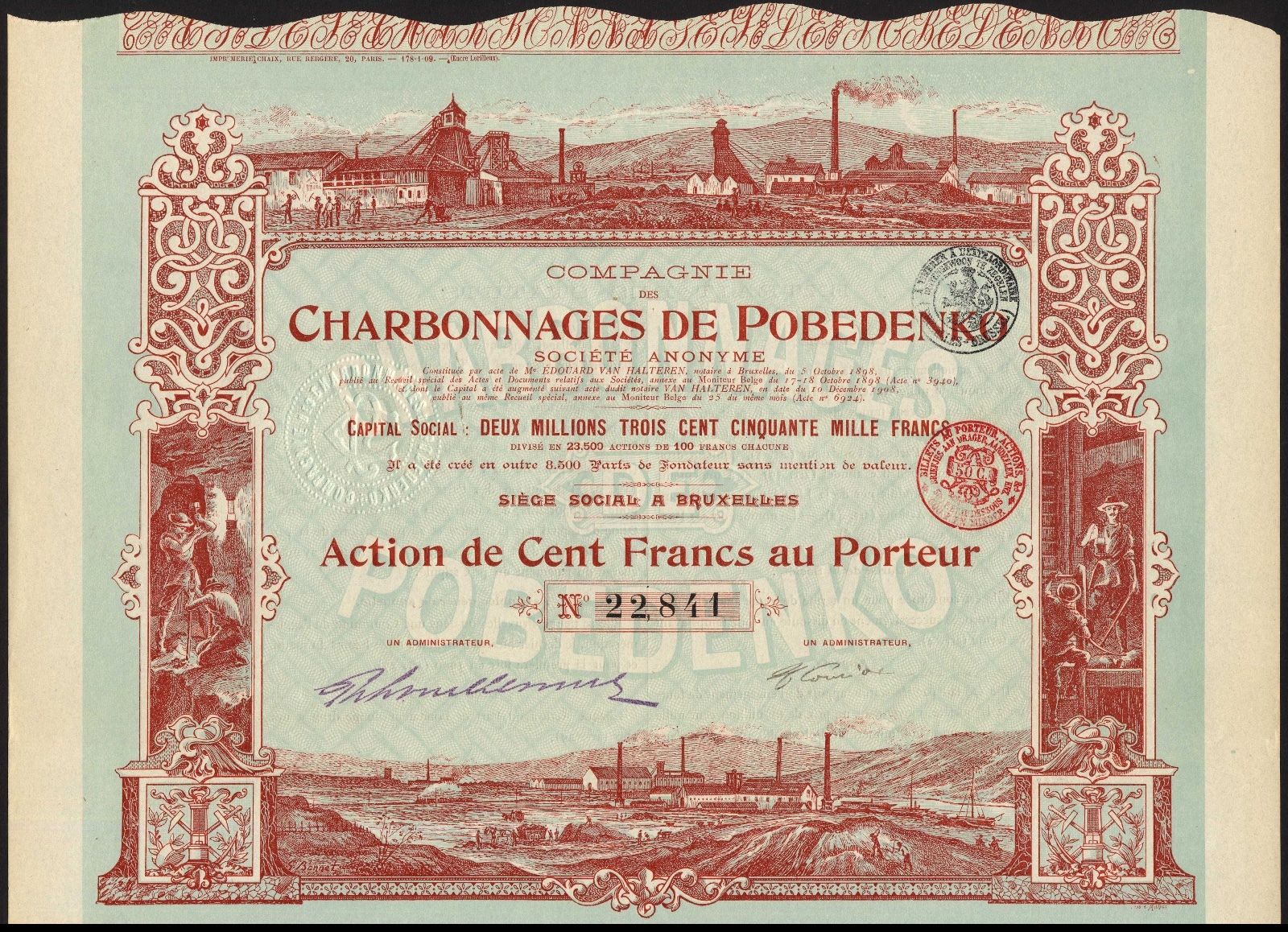 RUSSIA, Cie. Charbonnages de Pobendenko, 500 franc share, 1908