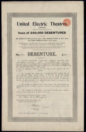 United Electric Theatres Ltd., debenture for £10, 1917