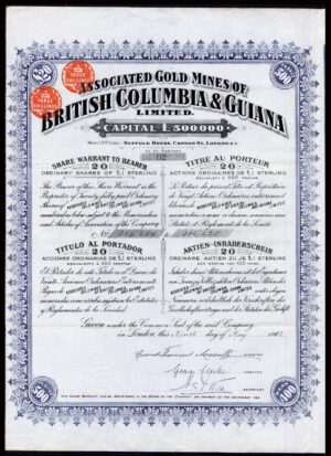 Canada, Associated Gold Mines of British Columbia & Guiana Ltd., 20 shares of £1, 1913