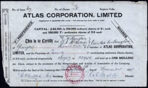 Australia: Atlas Corporation Ltd., 2/6d preference shares, 1915, damaged left corner