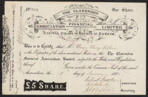 Clarendon Financial Association Ltd., £5 share, 1873