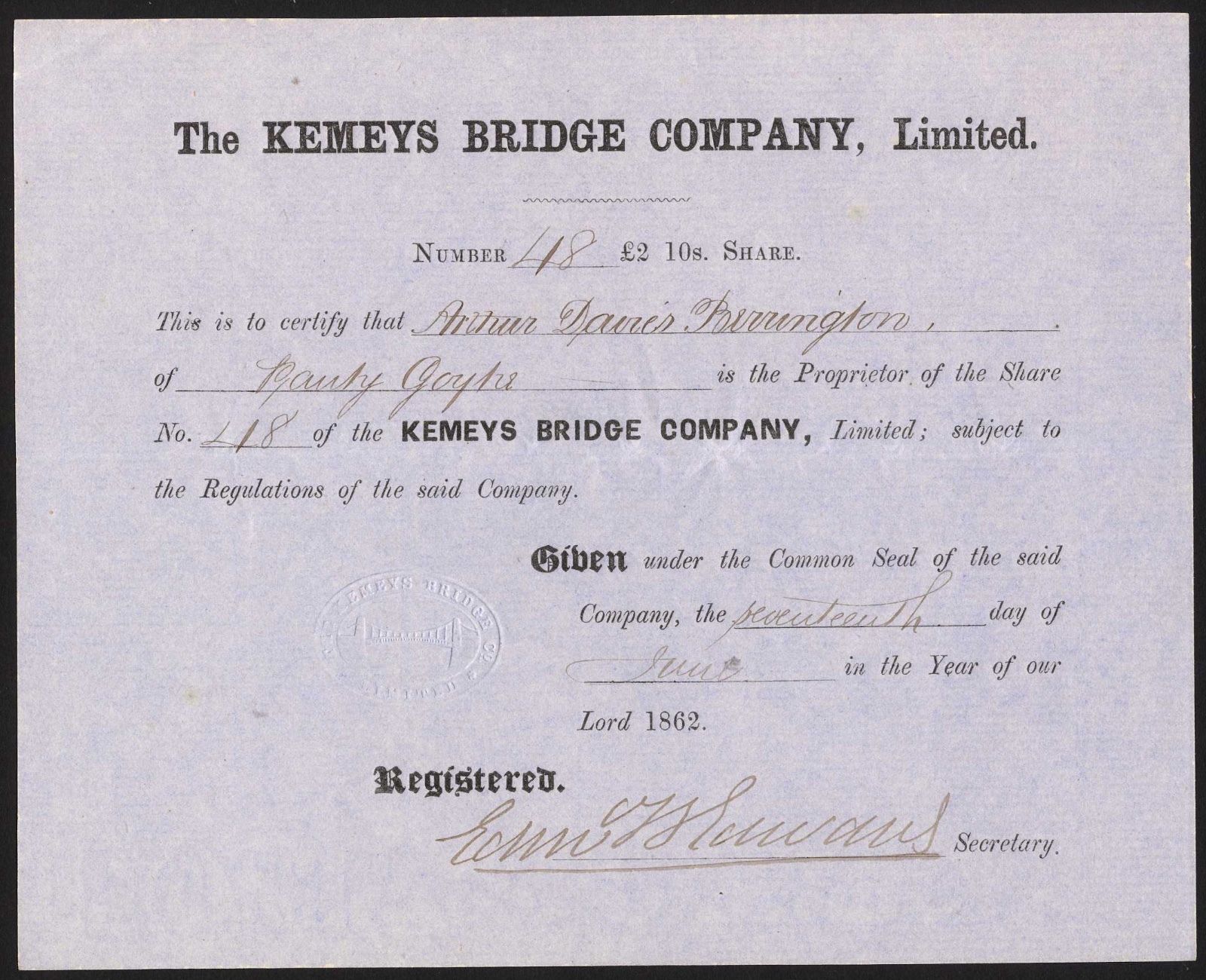 Kemeys Bridge Company Ltd., £2 10s share, 1862, Monmouthshire