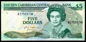 Montserrat. Five Dollars, A175037M, (1986-88), Almost Uncirculated.