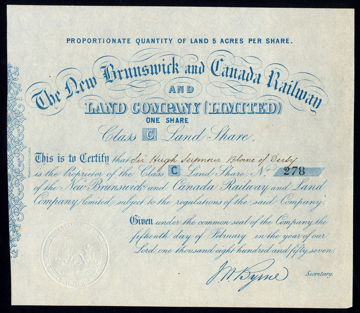 New Brunswick and Canada Railway & Land Co. Ltd., one class C Land share, 1857