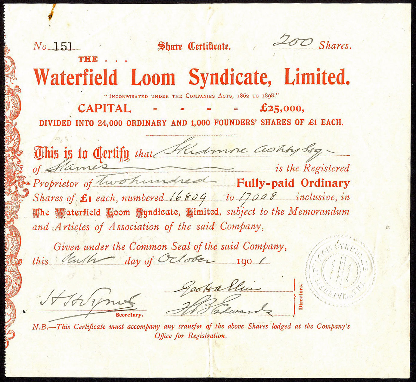 Waterfield Loom Syndicate Ltd., £1 ordinary shares, 1901