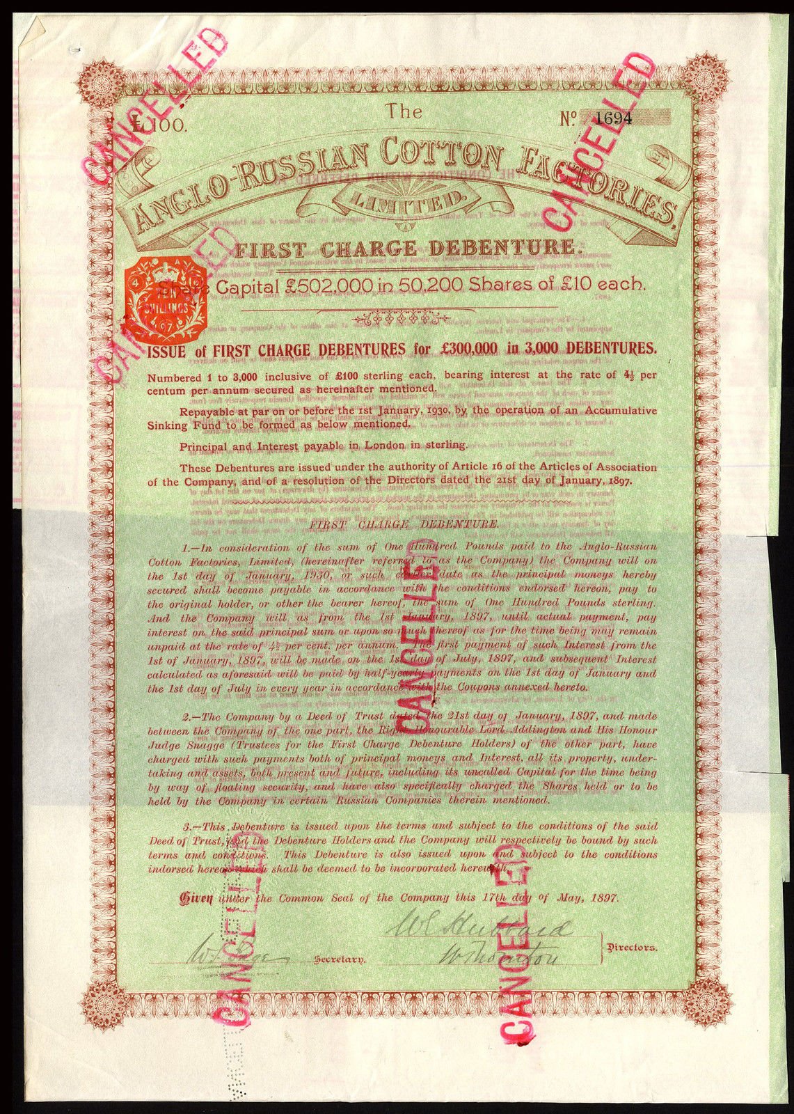 Anglo-Russian Cotton Factories Ltd., 1st debenture, £100, 1897