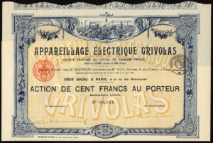 France: Appareillage Electrique Grivolais, 100 franc share, 1896