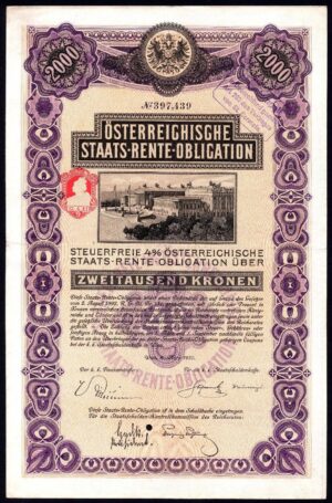 Austria: 4% State Loan, 8 March 1910, 2000 kronen, state buildings, ex BaDV