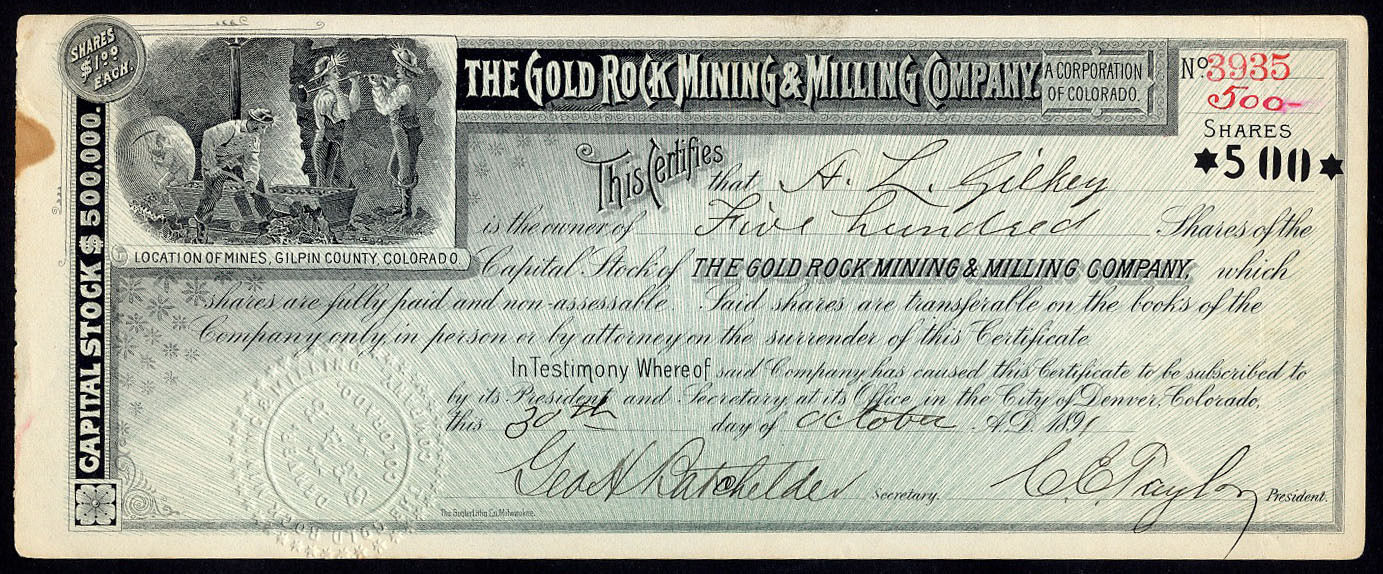 Colorado: Gold Rock Mining & Milling Co., $1 shares, 1891, Gilpin County