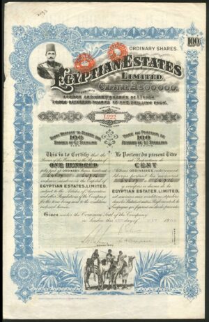 Egyptian Estates Ltd., 100 ordinary shares of £1, 1905, blue