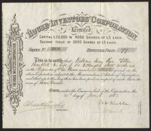 House Investors Corporation Ltd., £5 share, second issue, 1882