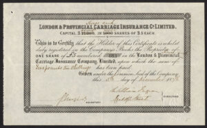 London & Provincial Horse & Carriage Insurance Co. Ltd., £5 share, 1876