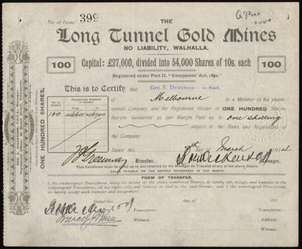 Long-Tunnel-Gold-Mines-NL-Walhalla-Victoria-100-shares-of-10-1914-172427495005
