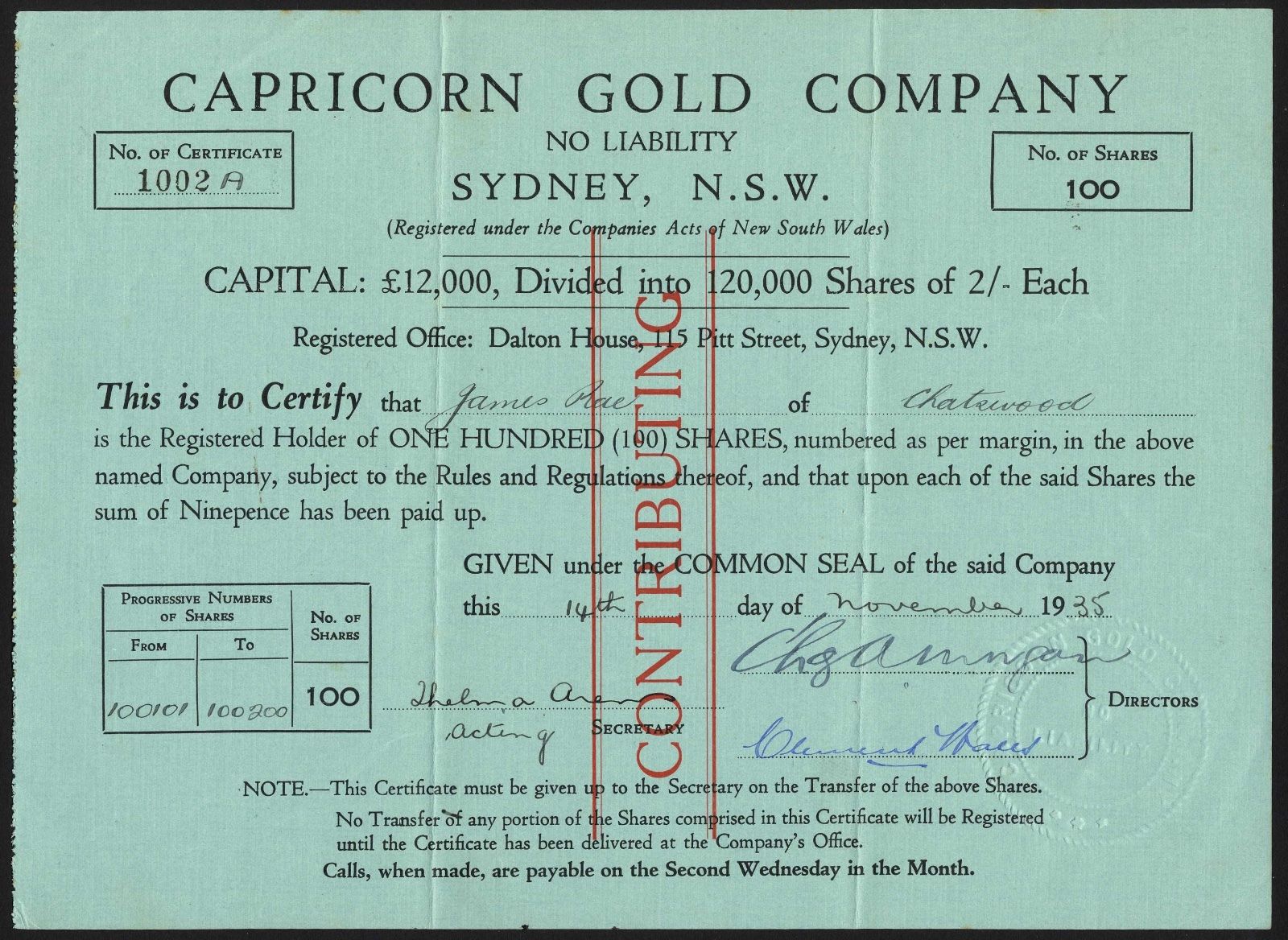 Australia: Capricorn Gold Co NL, 100 shares, 1935
