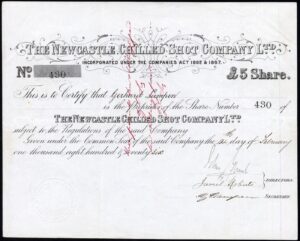 Newcastle Chilled Shot Co. Ltd., £5 share, 1876, manufacturer of ammunition.