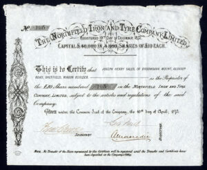 Northfield Iron and Tyre Co. Ltd., £10 shares, 1873, Rotherham