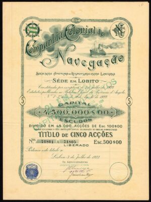 Portugal, Companhia Colonial de Navegacao, 5 shares, 1922