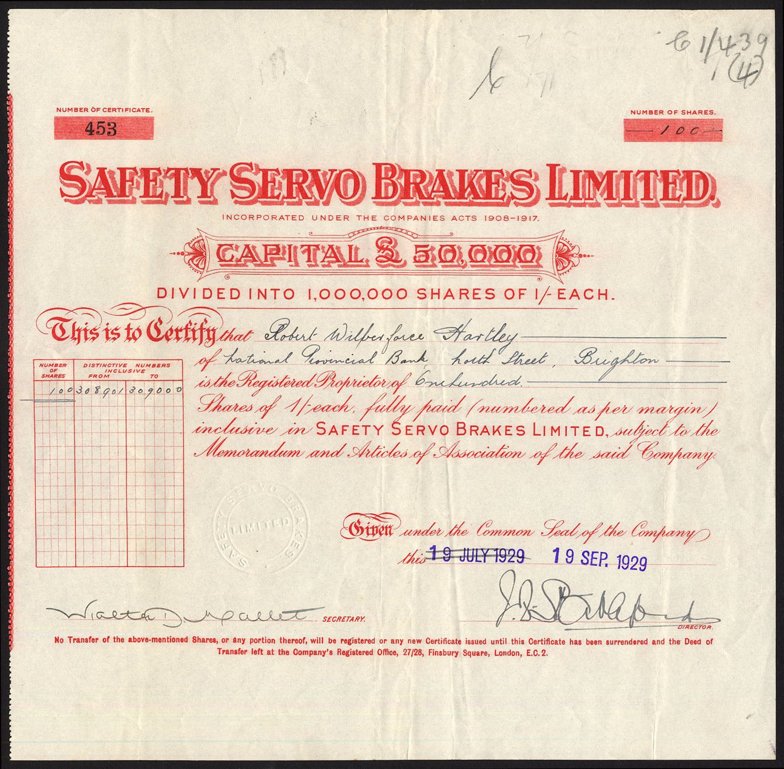Safety Servo Brakes Ltd., 1/- shares, 1929