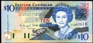 St Kitts, Ten Dollars, series E---K, (2003), Almost Uncirculated-Uncirculated.