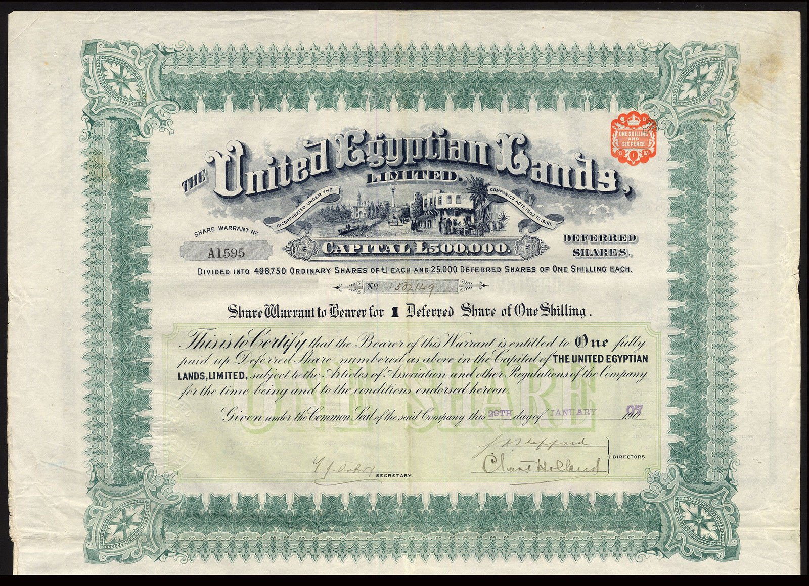 Egypt, United Egyptian Lands Ltd., 1 deferred share, 1907