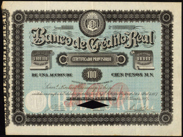 Argentina-Banco-de-Credito-Real-1-share-of-100-pesos-1887-cancelled-381483322506