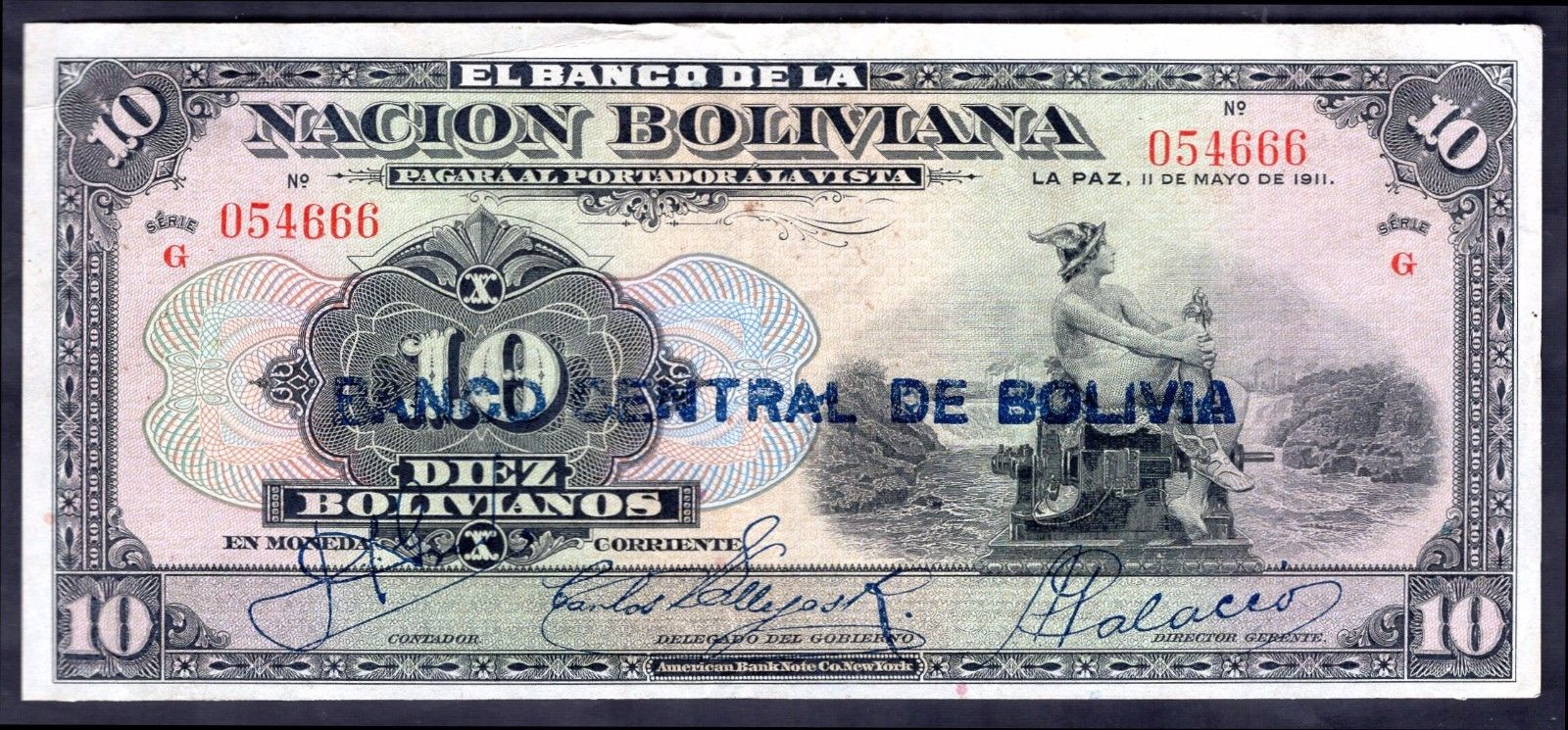 Bolivia. Ten Bolivianos,  G 054666, 11-5-1911, (iss; 1929), Good Very Fine.