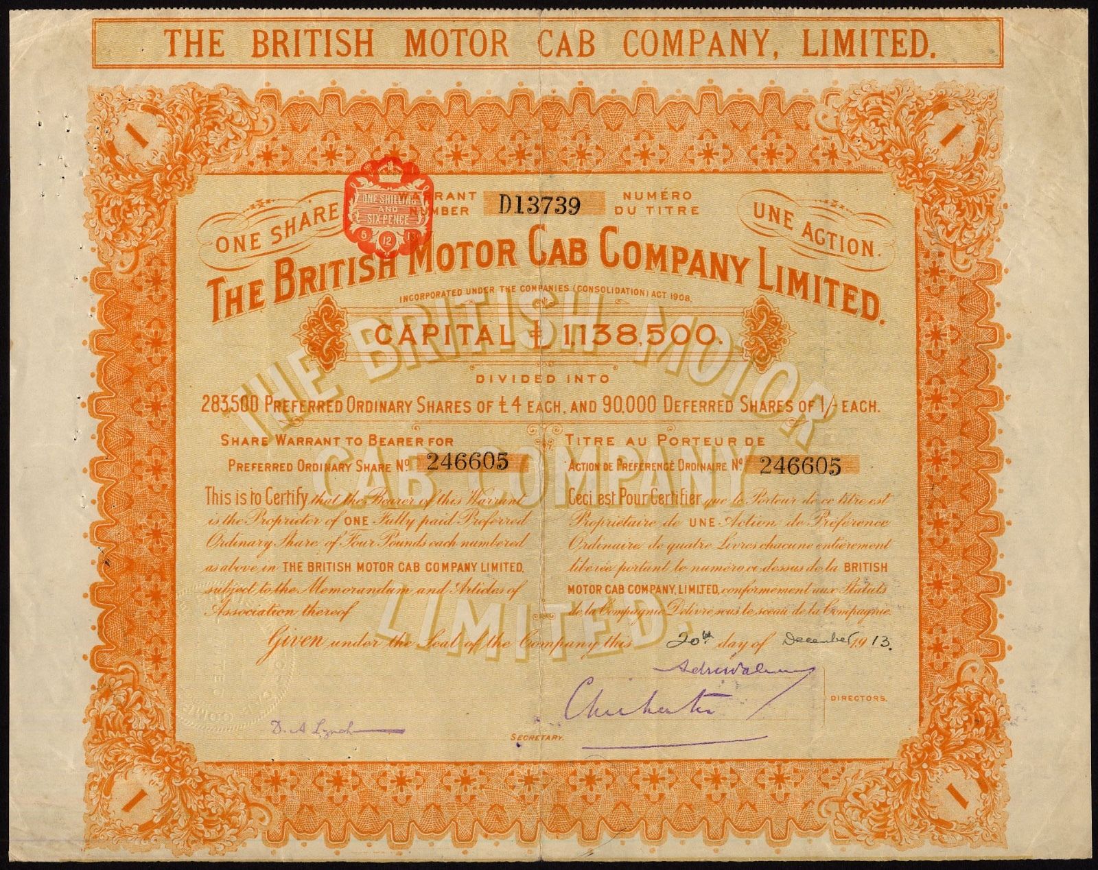 British Motor Cab Co. Ltd., 1 preferred ordinary share, 1913