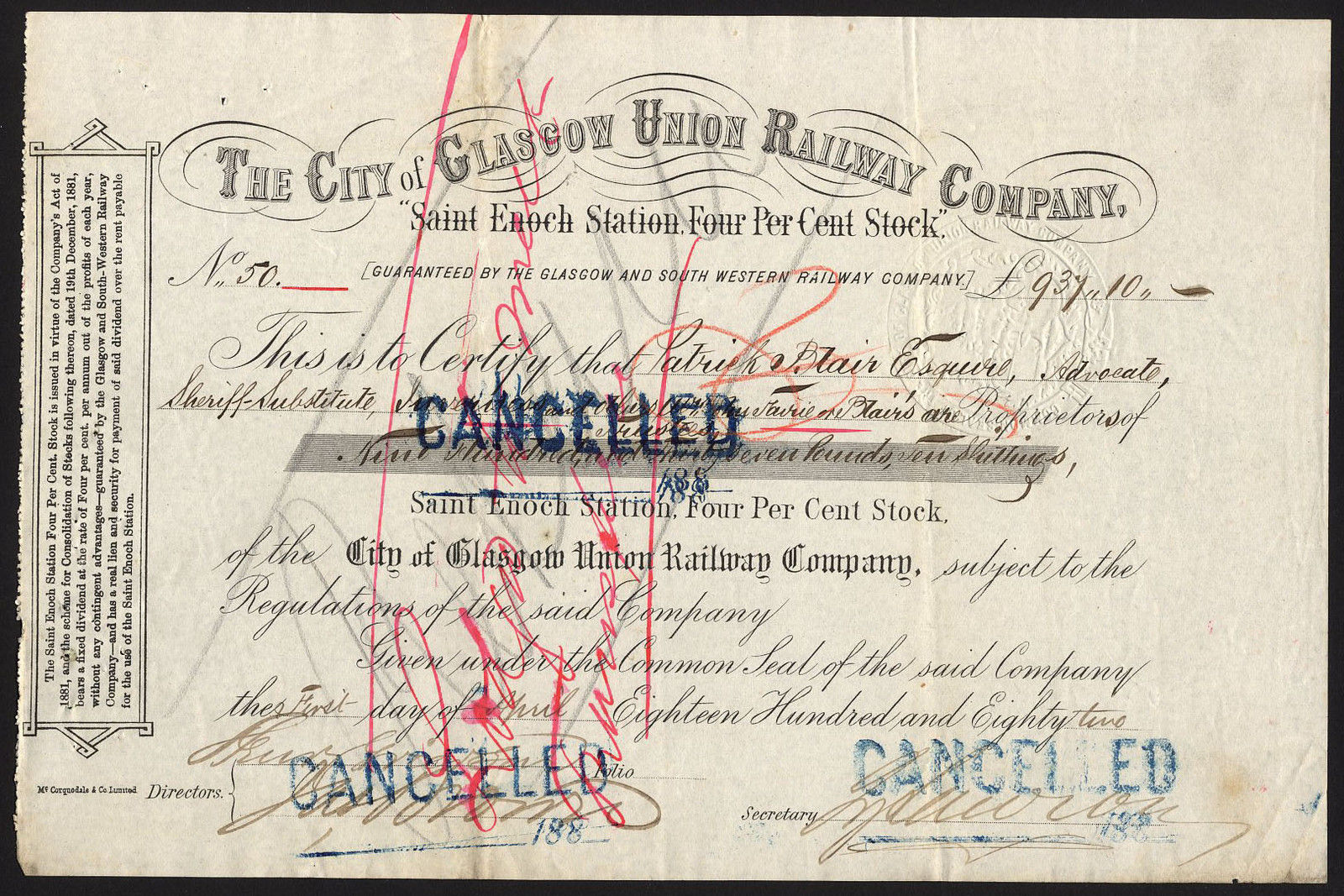 City of Glasgow Union Railway Co., Saint Enoch Station 4% stock, 1882