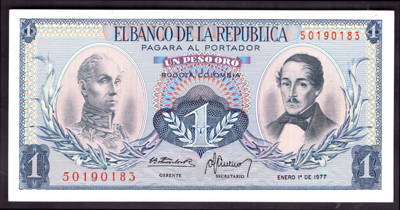 Colombia, El Banco de Republica, One Peso, 1-1-1977 (Pick 404f), scarcer last date. EF.