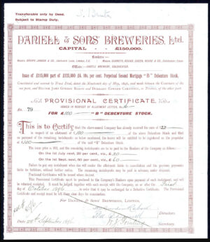 Daniell & Sons' Breweries, Ltd., Prov. cert. for "B" Debenture, 1896, Colchester
