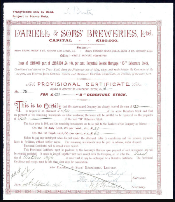Daniell-Sons-Breweries-Ltd-Prov-cert-for-B-Debenture-1896-Colchester-381872462006