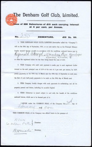 Denham Golf Club Ltd., £10 debenture, 1910, Buckinghamshire