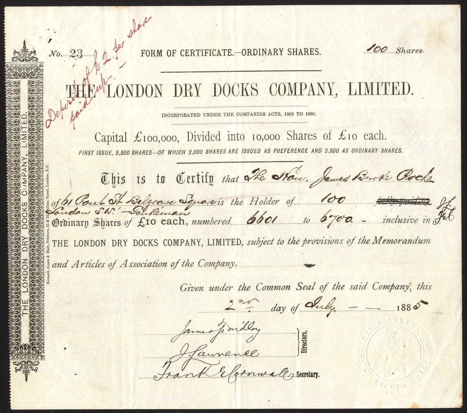 London Dry Docks Co. Ltd., £10 shares, 1885