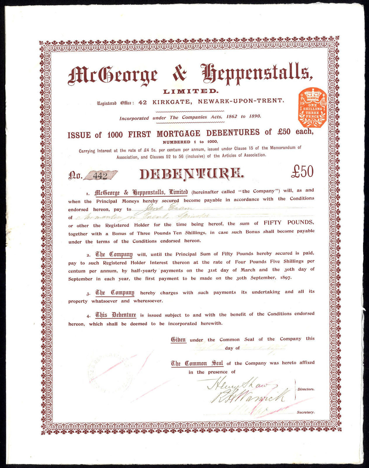 McGeorge & Heppenstalls, Ltd., £50 Debenture, 1897, brewers, Newark upon Trent
