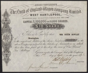 North of England Wagon Co. Ltd., West Hartlepool, £10 share, 1873