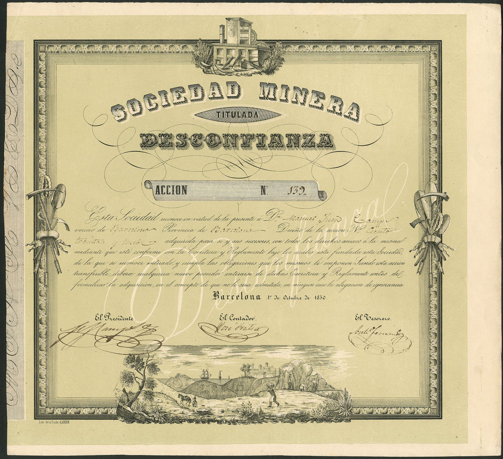 Spain: Sociedad Minera Titulada Desconfianza, one share, Barcelona 1850